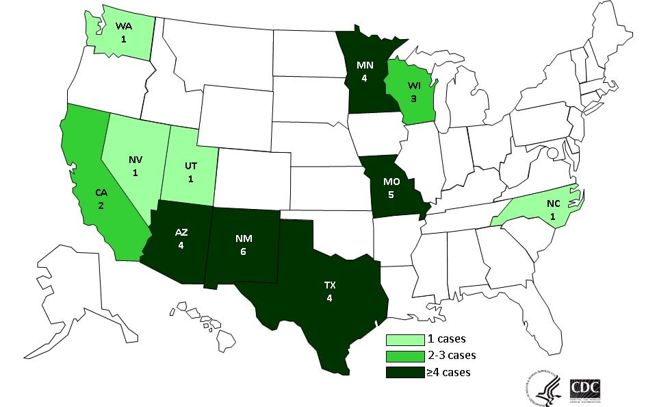 Map of persons infected with the outbreak strains of Listeria monocytogenes, by state of residence, as of December 29, 2014 (n=32)