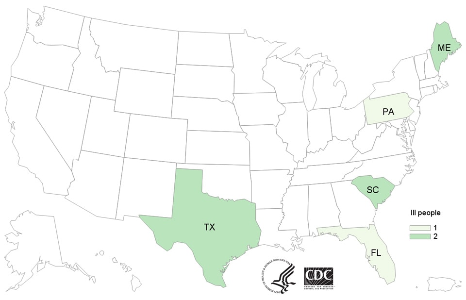 Map of United States - People infected with the outbreak strain of Listeria, by state of residence, as of March 4, 2020.