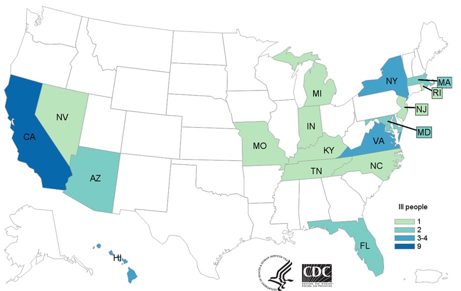 Map of United States - People infected with the outbreak strain of Listeria, by state of residence, as of March 10, 2020.