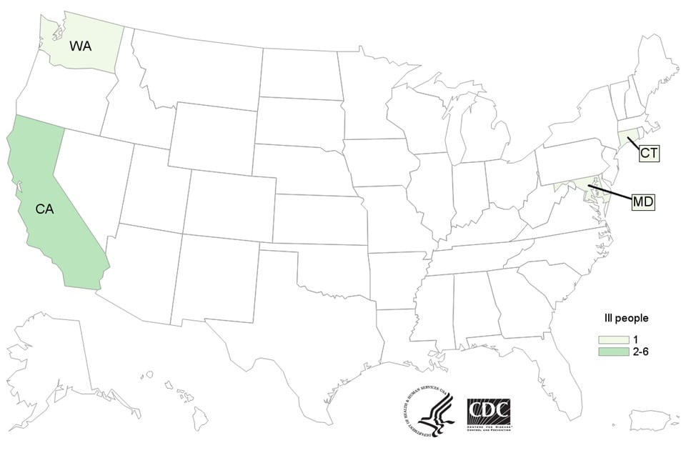 Map of persons infected with the outbreak strain of Listeria monocytogenes, by state of residence, as of July 11, 2016