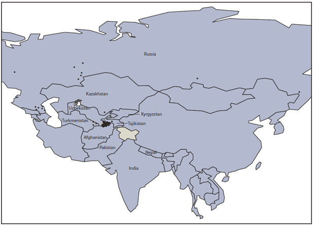 The figure shows the distribution of laboratory-confirmed wild poliovirus type 1 cases (N = 476) in four countries in the World Health Organization European Region in 2010: 458 in Tajikistan, 14 in Russia, three in Turkmenistan, and one in Kazakhstan.