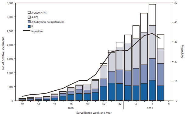 The figure shows the number and percentage of respiratory specimens testing positive for influenza reported by World Health Organization and National Respiratory and Enteric Virus Surveillance System collaborating laboratories, by type, surveillance week, and year in the United States during October 3, 2010-February 5, 2011. During that period, approximately 140 World Health Organization and National Respiratory and Enteric Virus Surveillance System collaborating laboratories in the United States tested 116,255 respiratory specimens for influenza viruses; 22,641 (19.5%) were positive.