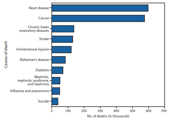 The figure shows the number of deaths from 10 leading causes in the United States during 2010, according to the National Vital Statistics System. In 2010, a total of 2,468,435 deaths occurred in the United States. The first two leading causes of death, heart diseases (597,689 deaths) and cancer (574,743), accounted for nearly 50% of all deaths. In contrast, the other leading causes accounted for much smaller percentages, ranging from 5.6% (138,080 deaths) for the third leading cause of death, chronic lower respiratory disease, to suicide which, ranked 10th, with 1.6% (38,364) of all deaths. All other causes combined accounted for 25% of the deaths.