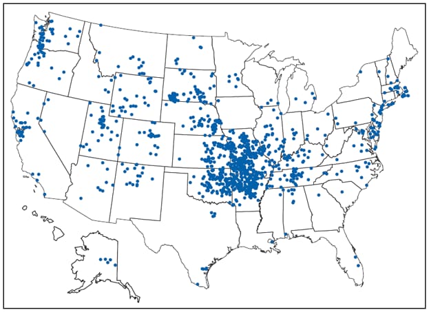 The figure shows reported cases of tularemia in the United States during 2001-2010. Cases were reported from 47 states. Six states accounted for 59% of reported cases: Missouri (19%), Arkansas (13%), Oklahoma (9%), Massachusetts (7%), South Dakota (5%), and Kansas (5%).