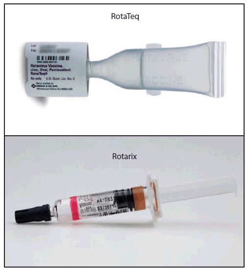 The figure shows two live rotavirus oral vaccines (RotaTeq and Rotarix).These vaccines are approved for prevention of rotavirus gastroen¬teritis  and recommended at ages 2, 4 (RotaTeq/Rotarix), and 6 (RotaTeq) months by the Advisory Committee on Immunization Practices.