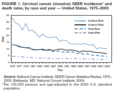 FIGURE 1. Cervical cancer (invasive) SEER incidence* and
death rates, by race and year  United States, 19752003
