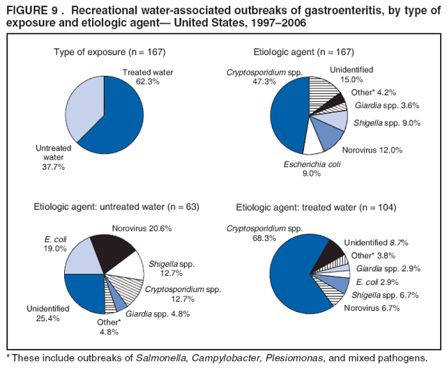 FIGURE 9 . Recreational water-associated outbreaks of gastroenteritis, by type of exposure and etiologic agent United States, 19972006