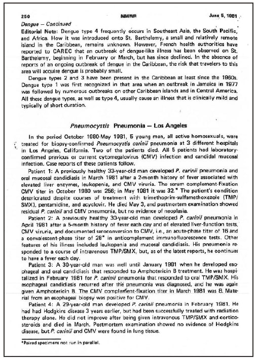 The figure is a copy of the first page of the first AIDS report in MMWR on June 5, 1981.
