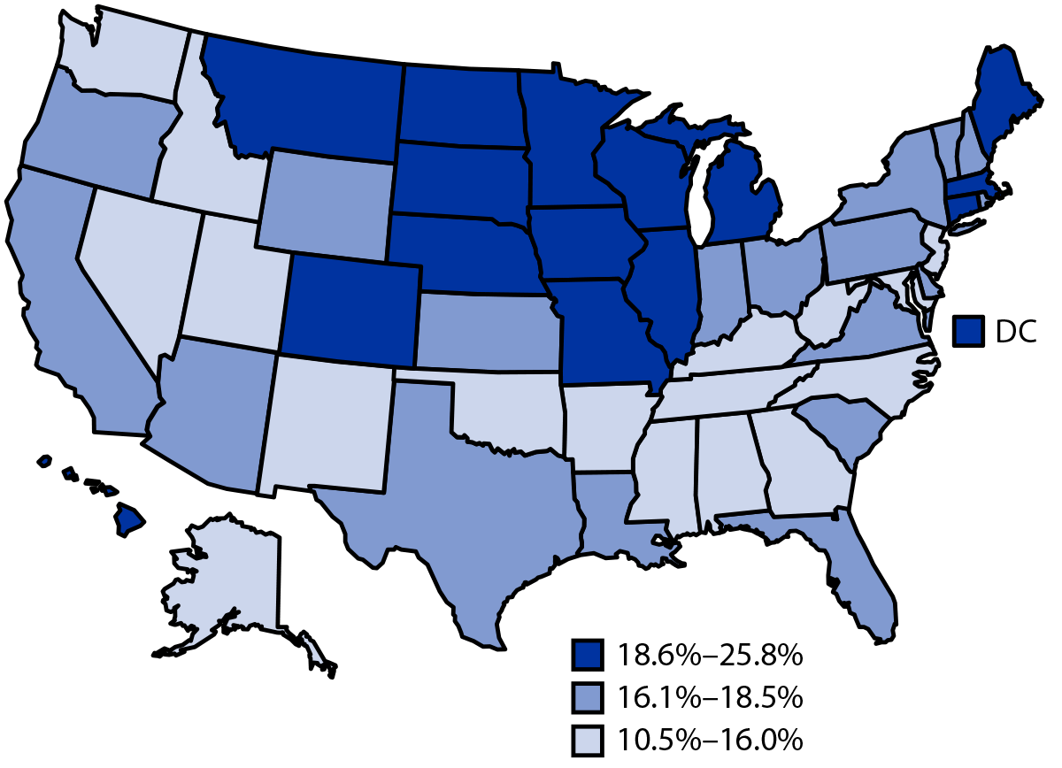 The figure is a map showing the prevalence of binge drinking among adults aged ≥18 years in 2018 in the United States from the Behavioral Risk Factor Surveillance System.