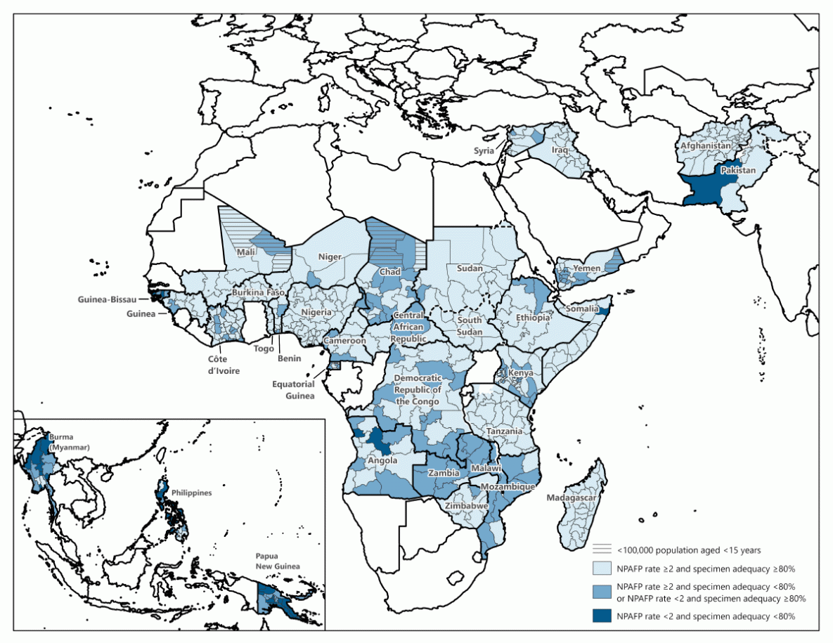 The figure is a map showing combined performance indicators for the quality of acute flaccid paralysis surveillance in subnational areas of 34 priority countries in the World Health Organization African, Eastern Mediterranean, South-East Asia, and Western Pacific regions during 2022.