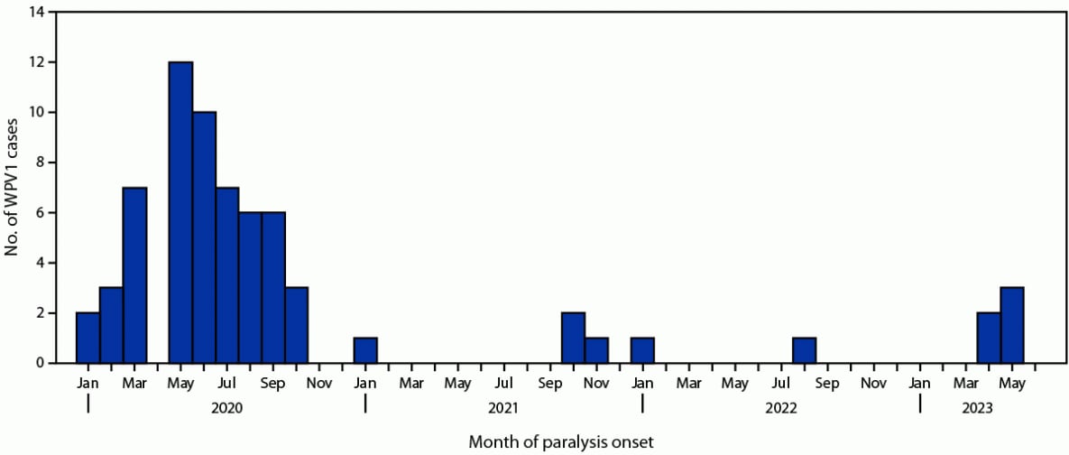 The figure is a histogram of the number of reported cases of polio caused by wild poliovirus type 1, by month of paralysis onset, in Afghanistan during January 2020–June 2023.