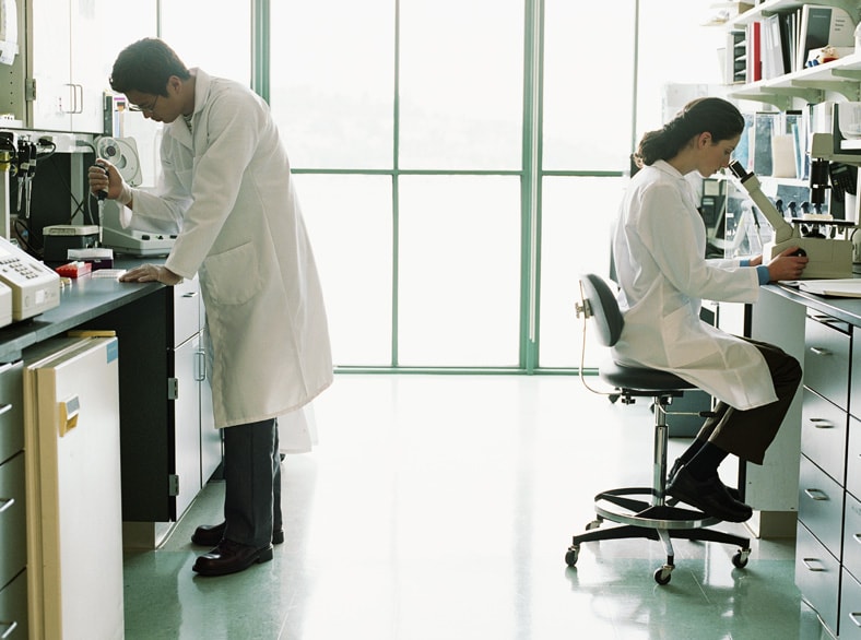 Lab workers examining samples.