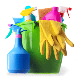 bottles of cleaners, detergents and other cleaning supplies