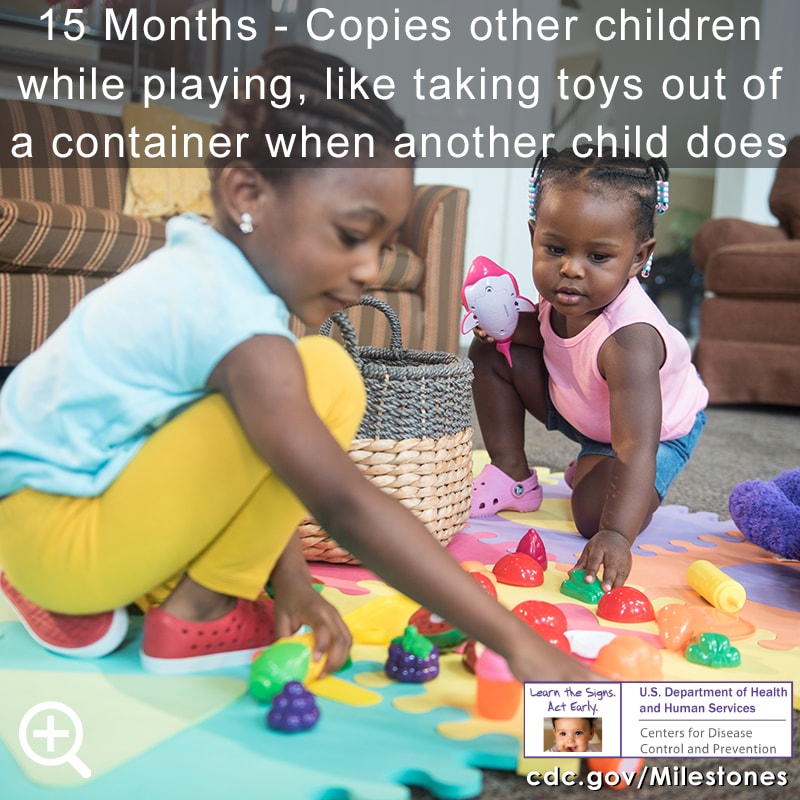Copies other children while playing, like taking toys out of a container when another child does