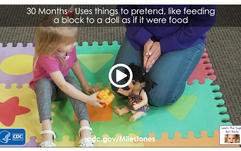 Uses things to pretend, like feeding a block to a doll as if it were food