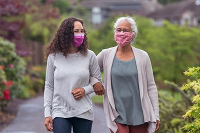 Two women wearing masks and walking arm in arm
