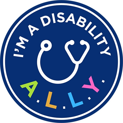 A circular badge with a graphic of a stethoscope, it’s captioned with 'I’m a disability A.L.L.Y.'