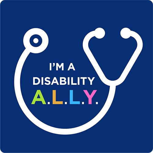 A square badge with a graphic of a stethoscope, it’s captioned with 'I’m a disability A.L.L.Y.”
