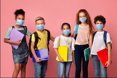 Group of school age children wearing protective masks