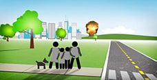 Animated graphic image shows a family holding onto each other looking at an explosion in the foreground.