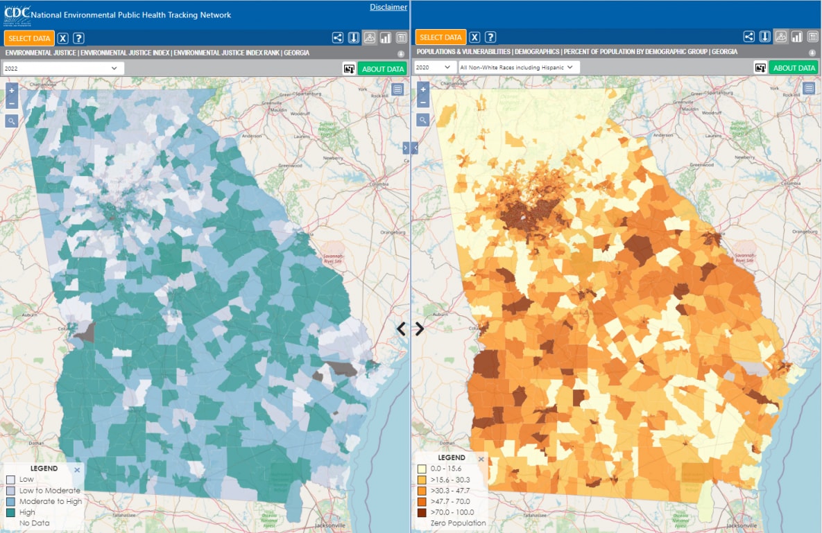 Two National Public Health Tracking Program Maps with different data compared side-by-side