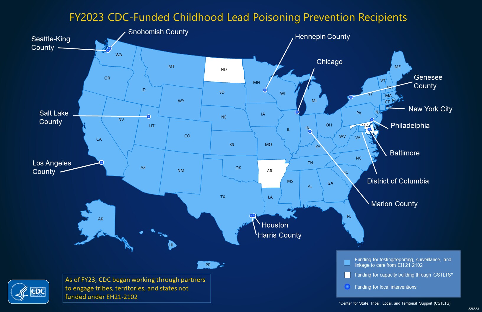 Map of states and cities in the United States who received funding from CDC for childhood lead poisoning prevention activities in 2023.