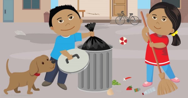 Illustration of 2 kids with a dog cleaning up trash on the street and putting it into a trash can.