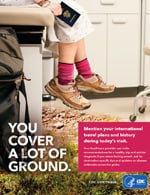 Travelers' Health Poster - You cover a lot of ground. Patient in exam room holding a passport. On their feet are hiking shoes and the exam room transitions from a linoleum floor transitions to a grassy trail.