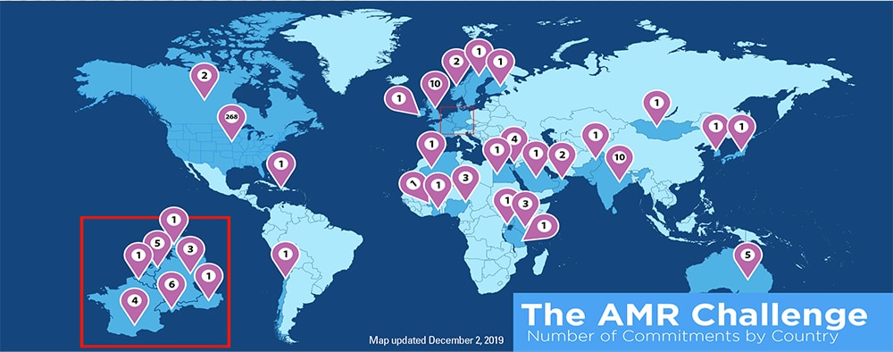 The AMR Challenge - Number of commitments by country with a map updated December 2, 2019