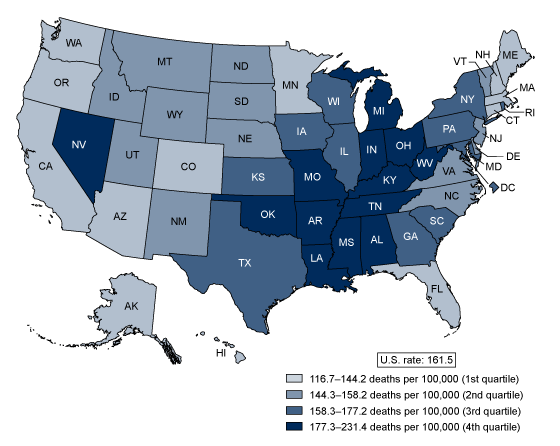 Figure 2 is a map showing age-adjusted heart disease death rates by state for 2019.
