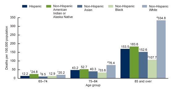 Figure 2 is a bar graph showing rates of unintentional fall deaths among adults aged 65 and over by race and Hispanic origin and age group for 2020. The age groups shown are 65–74, 75–84, and 85 and over. The race and Hispanic-origin groups shown are Hispanic, non-Hispanic American Indian or Alaska Native, non-Hispanic Asian, non-Hispanic Black or African American, and non-Hispanic White.