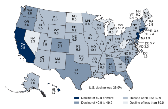 Figure 4 is a map showing the change in percentage of mothers who smoked cigarettes during pregnancy: United States and each state, 2016–2021 and percentage of mothers who smoked during pregnancy: Each state, 2021.