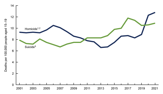 Figure 3 is a line chart of suicide and homicide death rates for people aged 15–19 in the United States, 2001–2021. 