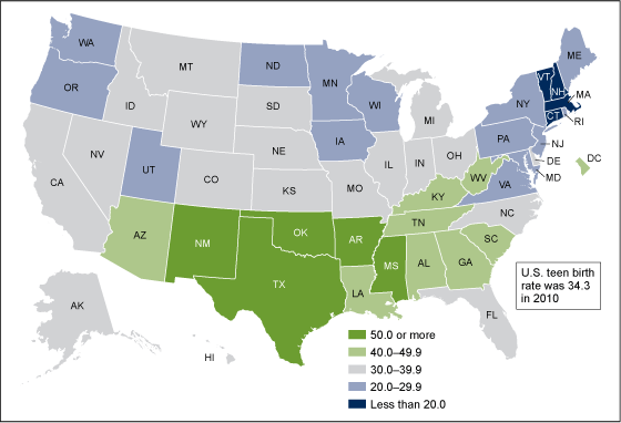 Figure 6 is a map of the birth rate for teenagers aged 15%26ndash;19 by state in 2010.