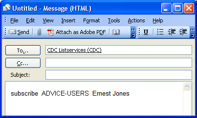 Example of Long-Term Care listserv screen. Email reads: subscribe space advice hyphen users space Ernest space Jones