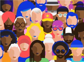 Crowd of abstract diverse adult people in modern vibrant flat colors. Assorted ages, genders and ethnicities.