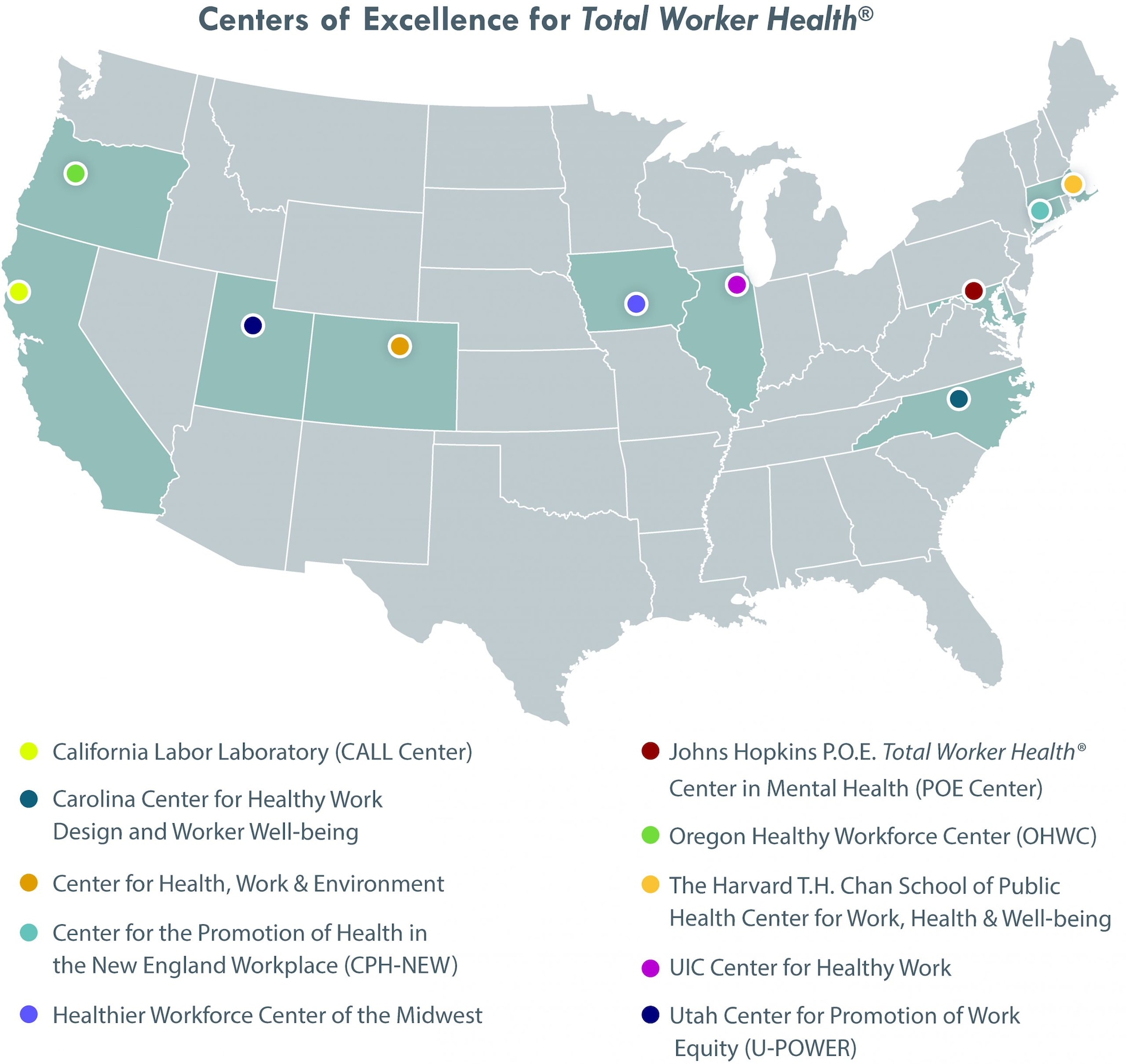 Map of the USA with the dots showing the Centers of Excellence for Total Worker Health across ten states