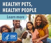 Graphic showing a family with a dog. Text reads: Healthy Pets, Healthy People. Learn more.