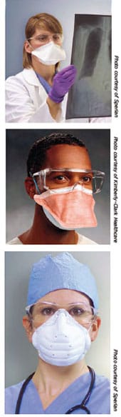 Mujer usando un respirador N95 quir%26uacute;rgico; Trabajador de la salud afroamericano usando un respirador;Trabajadora de la salud usando un respirador con mascarilla de filtrado y gafas de protecci%26oacute;n.
