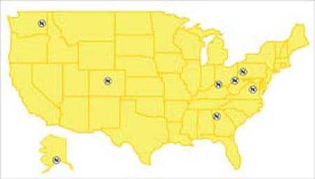 Mapa de los Estados Unidos con las oficinas de NIOSH resaltadas.