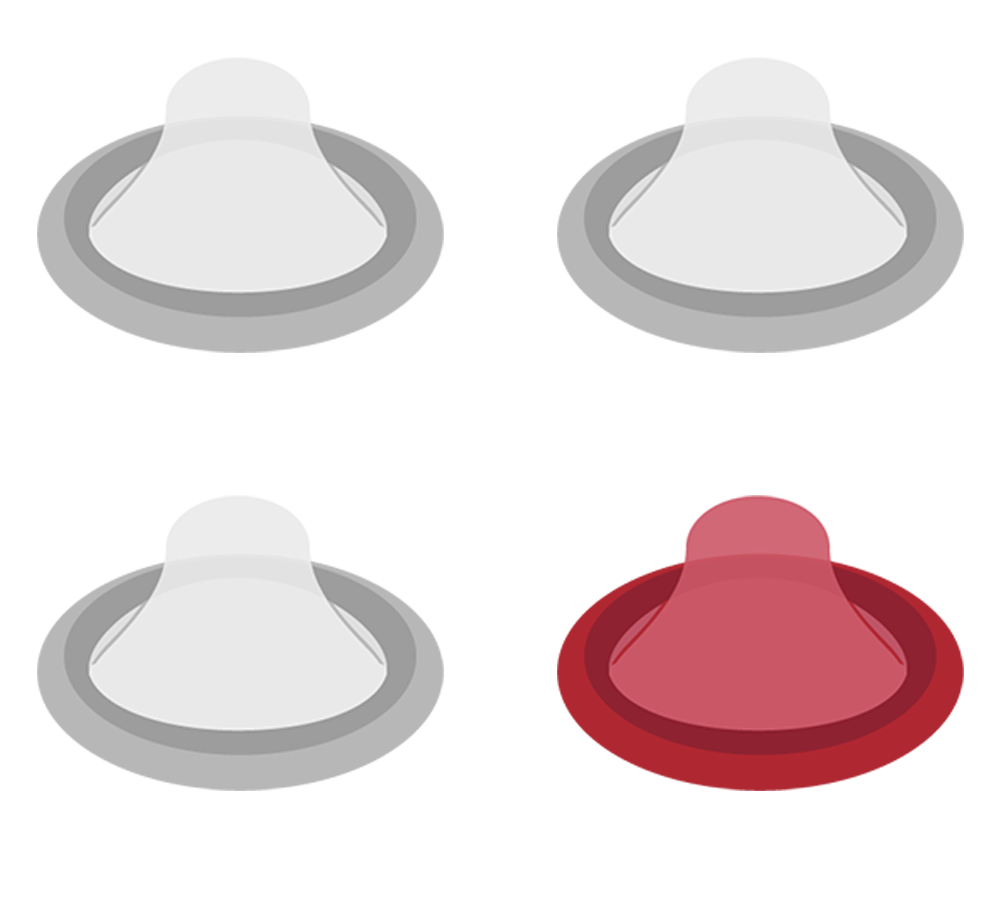 Illustration of two unused condoms and one used condom