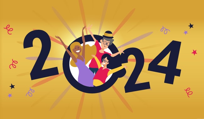 Hình minh họa chữ số năm 2024 có những người vui vẻ trong trang phục lễ hội đang hướng ra bên ngoài không gian của chữ số không.