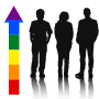 Figures of people standing next to arrow with LGTY colors pointing up