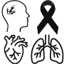 Image of a head with stroke, ribbon, heart, and lungs to illustrate the four out of five  leading causes of premature death for people in non-metropolitan areas caused by cigarette smoking, which are heart disease, cancer, chronic lower respiratory disease, and stroke.