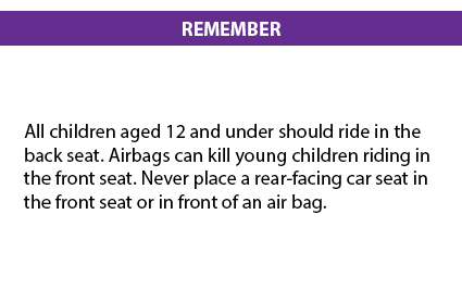 All children aged 12 and under should ride in the back seat. Airbags can kill young children riding in the front seat. Never place a rear-facing car seat in the front seat or in front of an air bag.