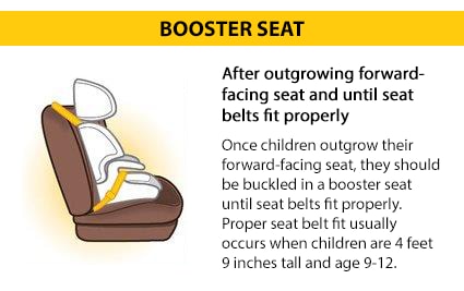 Once children outgrow their forward-facing seat, they should be buckled in a belt positioning booster seat until seat belts fit properly. Seat belts fit properly when the lap belt lays across the upper thighs (not the stomach) and the shoulder belt lays across the chest (not the neck). Proper seat belt fit usually occurs when children are about 4 feet 9 inches tall and age 9-12 years.