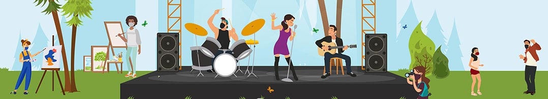 Illustration of people engaging in different art forms: art, music, dancing