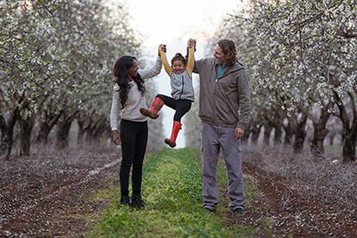 Parents with one child on blossoming almond field. Parents holding their child's hands, the kid jumping