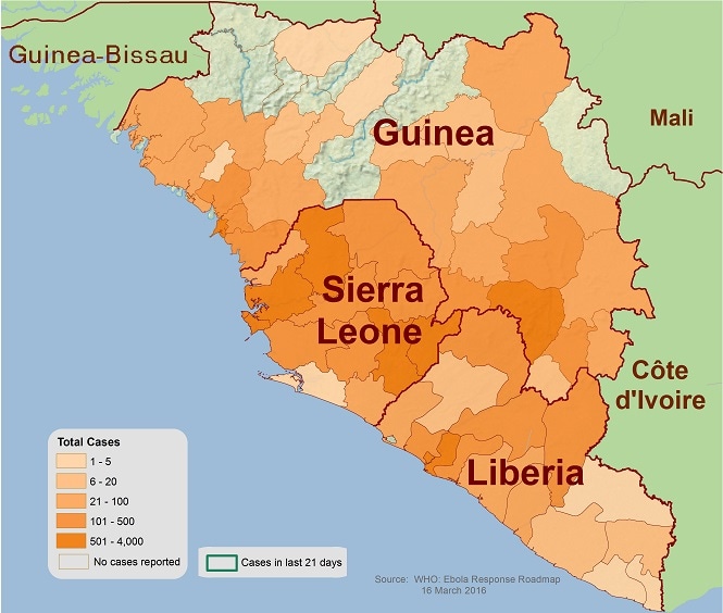 Distribution map showing districts and cities reporting suspect cases of Ebola. The image data is described in the HTML table below.