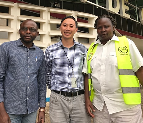 During his June-July deployment to the DRC, CDC Epidemic Intelligence Service officer Nathan Furukawa worked closely with Congolese border health officials like Guillaume Bahati (left), the deputy station chief at Goma’s airport, and Dr. Clémentine Nchuti Mugisha, the airport station chief.